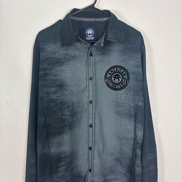 American Fighter Grey and Light Grey Acid Wash Collared Button Down Shirt Men's - Picture 3 of 8